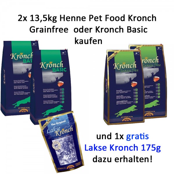 Henne Pet Food Kronch 2x 13,5kg + Lachs Snack 175g gratis Aktion