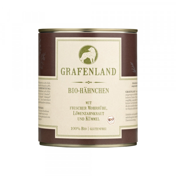 Grafenland Bio Hähnchen mit frischer Mohrrübe, Löwenzahnkraut und Kümmel